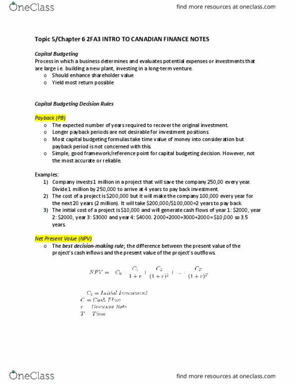 COMMERCE 2FA3 Chapter Notes - Chapter 6: Capital Budgeting, Net Present Value, Cash Flow thumbnail