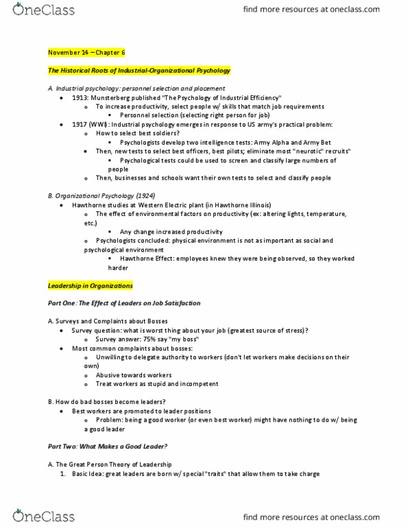 Psychology 2990A/B Lecture Notes - Lecture 6: Personnel Selection, Army Alpha, Hawthorne Effect thumbnail