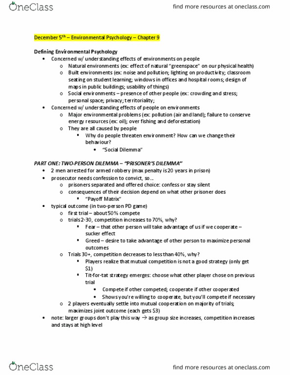 Psychology 2990A/B Lecture 9: Environmental Psychology – Chapter 9 thumbnail