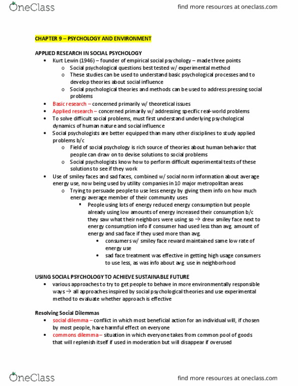 Psychology 2990A/B Chapter Notes - Chapter 9: Social Dilemma, Kurt Lewin, Norm (Social) thumbnail