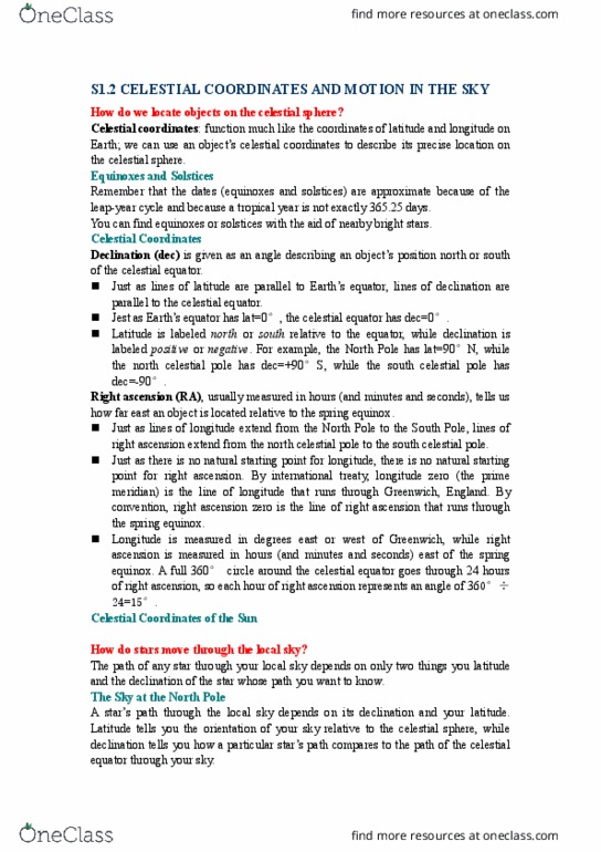 AST101H1 Chapter Notes - Chapter 1: Celestial Equator, Right Ascension, Tropical Year thumbnail