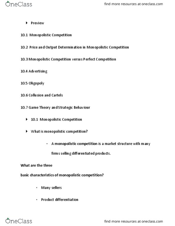 ECO 1304 Lecture Notes - Lecture 43: Monopolistic Competition, Product Differentiation, Oligopoly thumbnail