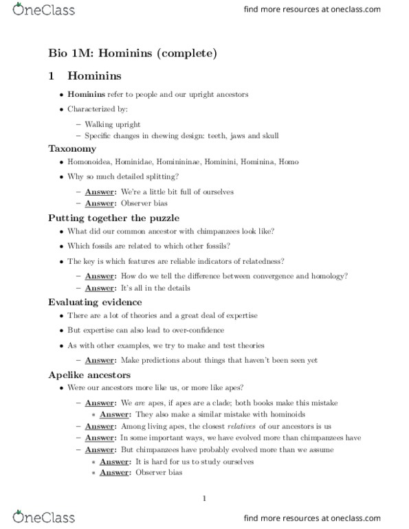 BIOLOGY 1M03 Lecture Notes - Lecture 5: Observer-Expectancy Effect, Human Taxonomy, Hominini thumbnail