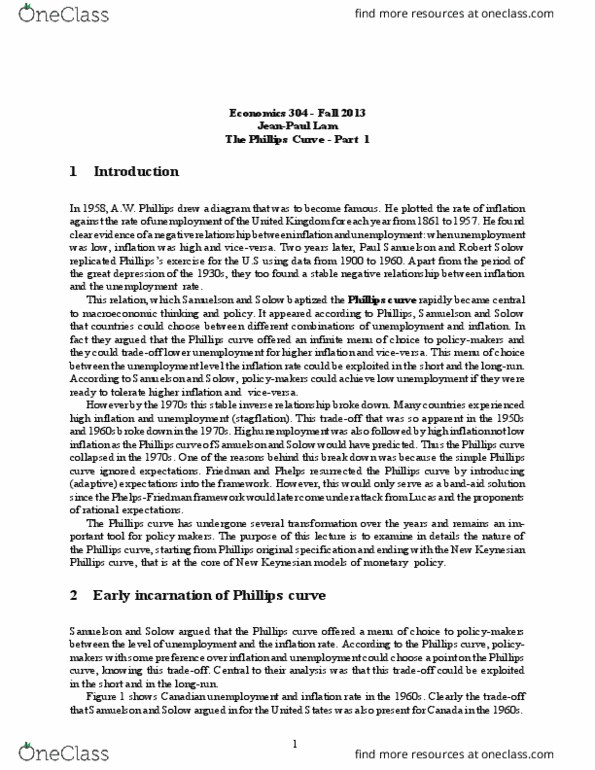 ECON 304 Lecture Notes - Lecture 1: Paul Samuelson, Phillips Curve, New Keynesian Economics thumbnail