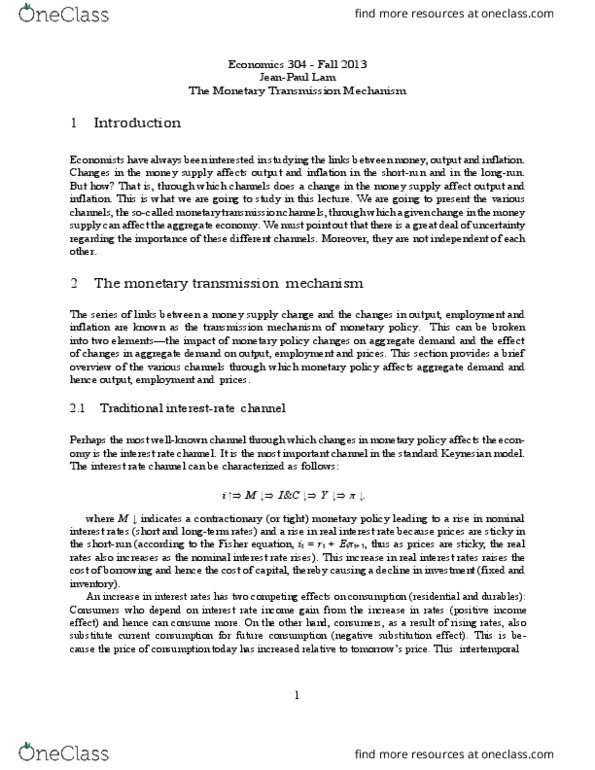 ECON 304 Lecture Notes - Lecture 5: Monetary Transmission Mechanism, Nominal Interest Rate, Real Interest Rate thumbnail