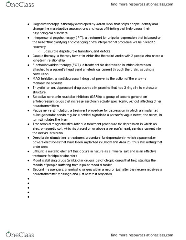 PSC 168 Chapter Notes - Chapter 9: Aaron T. Beck, Monoamine Oxidase, Electroconvulsive Therapy thumbnail