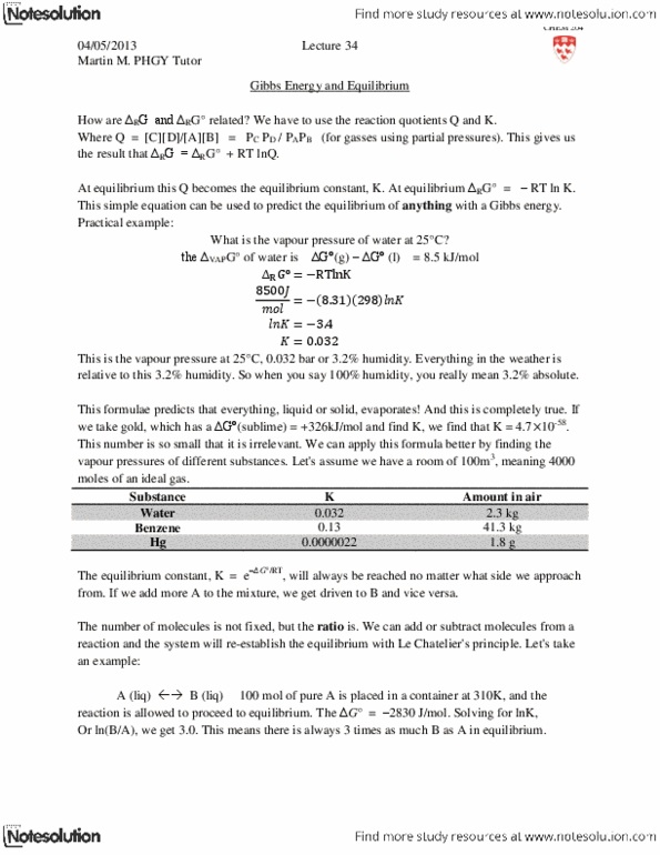 CHEM 204 Lecture Notes - Solubility Equilibrium, Myoglobin, Endergonic Reaction thumbnail