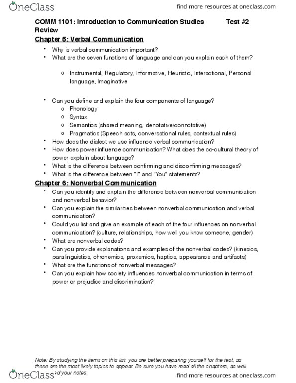 COMM 1101 Study Guide - Fall 2017, Midterm - Nonverbal Communication ...