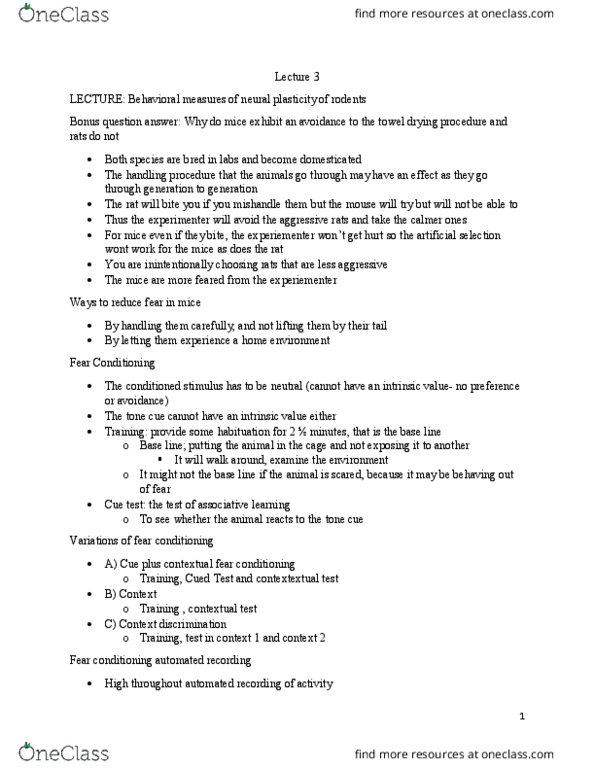 PSY397H5 Lecture Notes - Lecture 3: Fear Conditioning, Selective Breeding, Rodent thumbnail