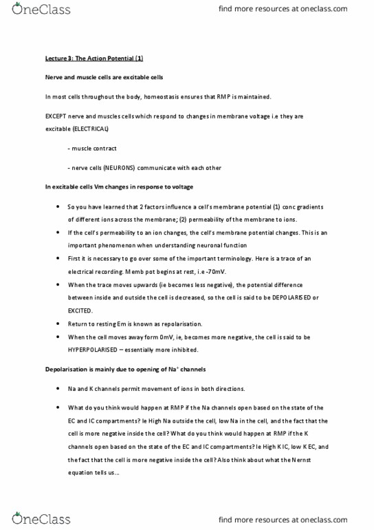 BIOC32H3 Lecture Notes - Lecture 3: Nernst Equation, Depolarization, Homeostasis thumbnail