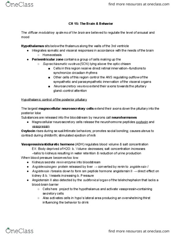 CAS BI 325 Chapter Notes - Chapter 15: Suprachiasmatic Nucleus, Anterior Pituitary, Posterior Pituitary thumbnail