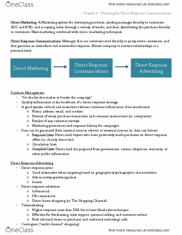 Management and Organizational Studies 3322F/G Chapter Notes - Chapter 6: Direct Response Television, Advertising Mail, Data Warehouse thumbnail