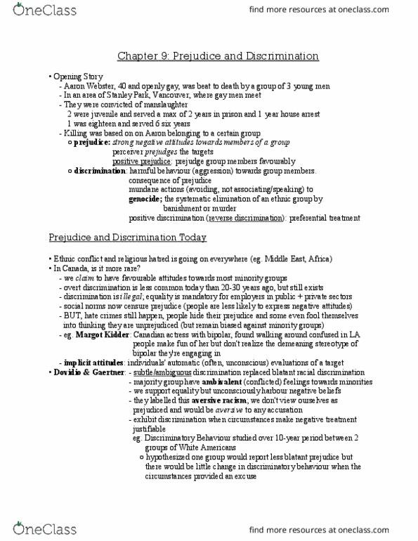 Psychology 2070A/B Chapter Notes - Chapter 9: Margot Kidder, Aversive Racism, Reverse Discrimination thumbnail