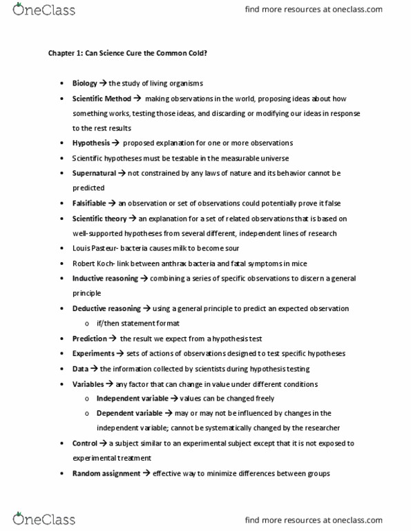 BISC104 Chapter Notes - Chapter 1: Louis Pasteur, Statistical Hypothesis Testing, Inductive Reasoning thumbnail