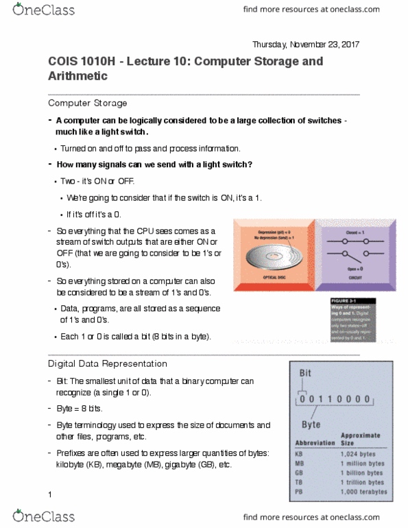 COIS 1010H Lecture 10: Computer Storage and Arithmetic thumbnail