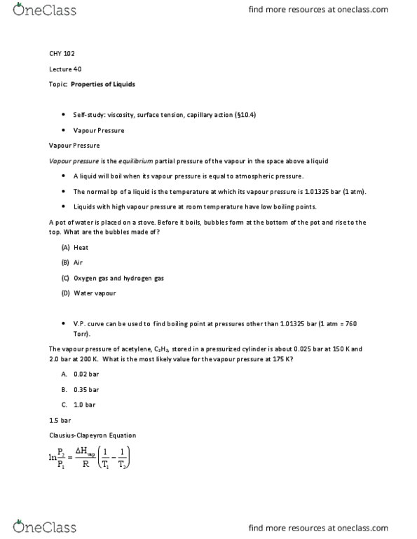 CHY 102 Lecture Notes - Lecture 40: Vapor Pressure, Boiling Point, Partial Pressure thumbnail