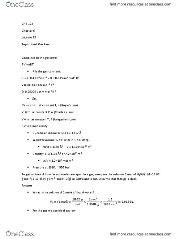 CHY 102 Lecture Notes - Lecture 32: Ideal Gas Law, Ideal Gas, Gas Laws thumbnail