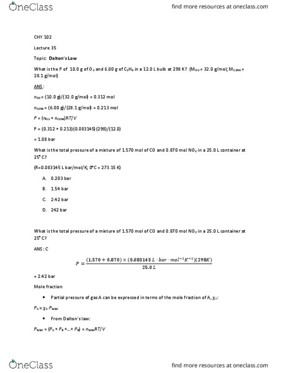 CHY 102 Lecture Notes - Lecture 34: Mole Fraction, Ethylene, Partial Pressure thumbnail