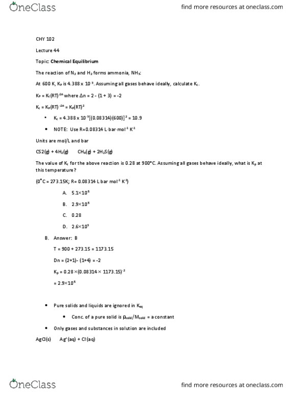 CHY 102 Lecture Notes - Lecture 44: Equilibrium Constant, Rice Chart, Stoichiometry thumbnail