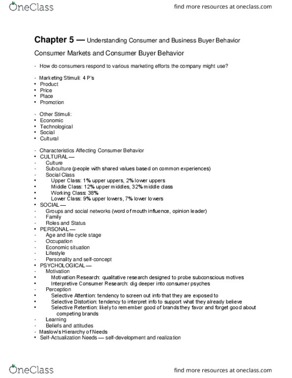 BUAD301 Chapter Notes - Chapter 5, 6: Selective Exposure Theory, Subculture, Psychographic thumbnail