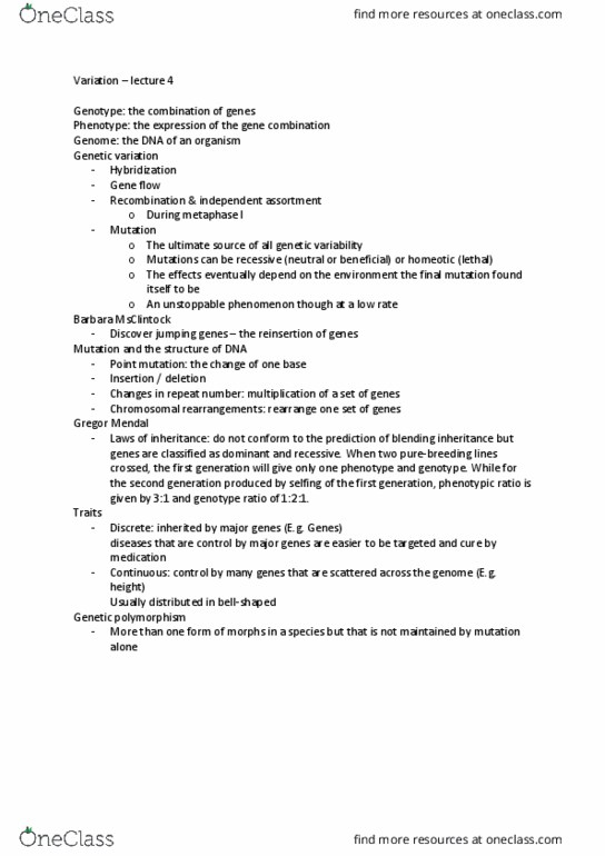 BIO120H1 Lecture Notes - Lecture 4: Blending Inheritance, Mendelian Inheritance, Meiosis thumbnail