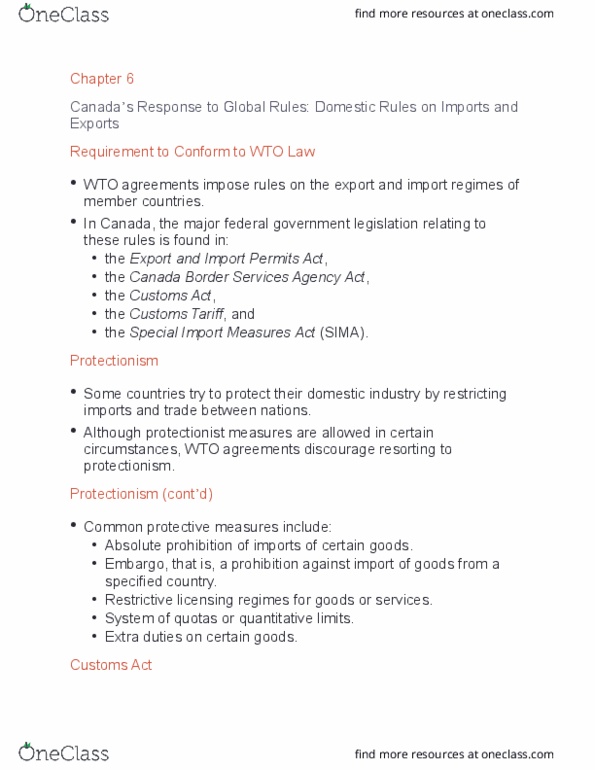 International Business SIB520 Chapter Notes - Chapter 6: Canada Border Services Agency, World Trade Organization, Primary And Secondary Legislation thumbnail
