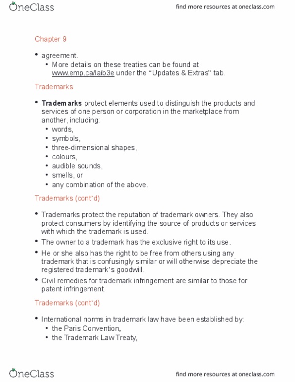 International Business SIB520 Chapter Notes - Chapter 9: Trademark, Patent Infringement, Paris Convention For The Protection Of Industrial Property thumbnail