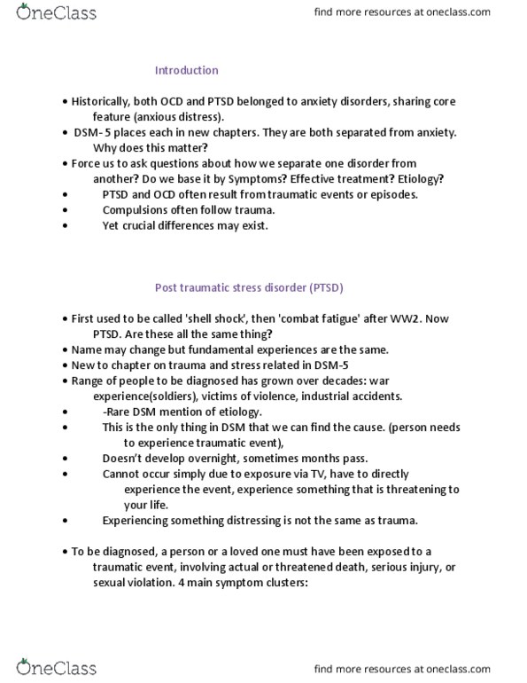 HLTHAGE 1CC3 Lecture Notes - Lecture 5: Posttraumatic Stress Disorder, Anxiety Disorder, Combat Stress Reaction thumbnail