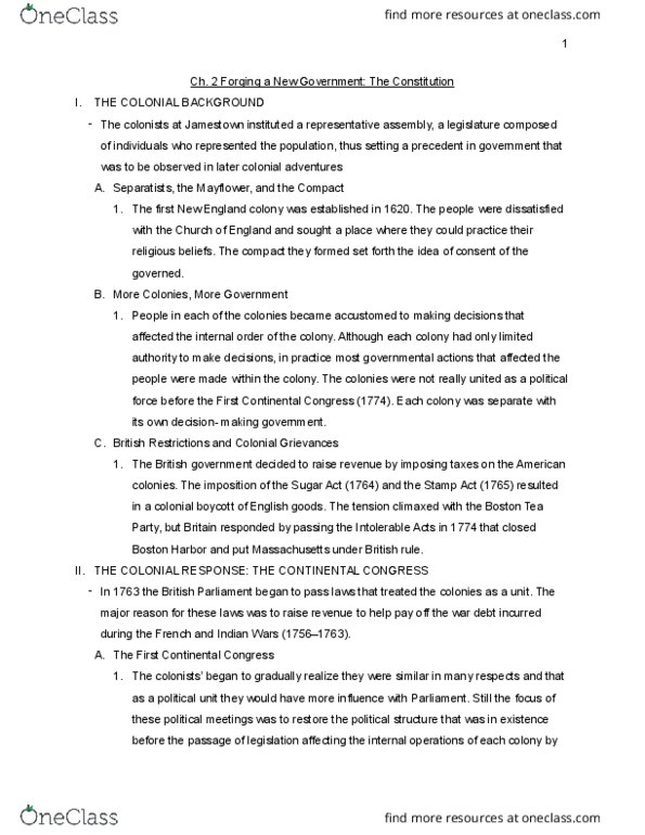 POL SC 1 Chapter Notes - Chapter 2: First Continental Congress, Articles Of Confederation, Intolerable Acts thumbnail