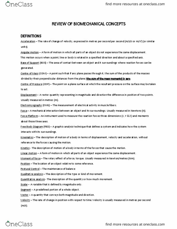 KP351 Lecture Notes - Lecture 1: Linear Motion, Electromyography, Pythagorean Theorem thumbnail