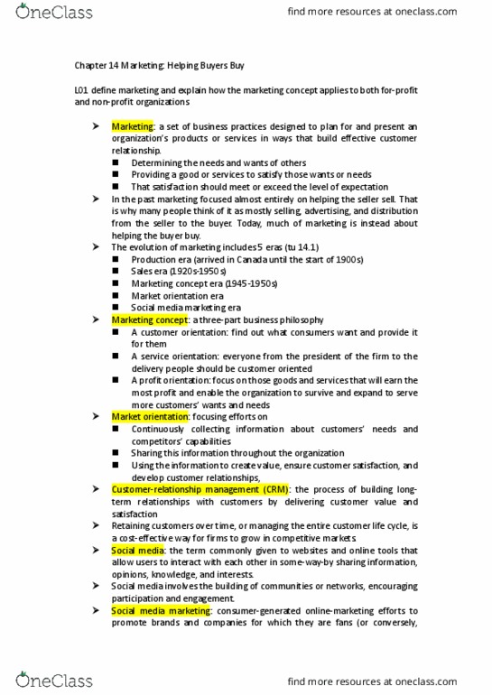 MB105 Chapter Notes - Chapter 14: Social Media Marketing, Market Orientation, Customer Relationship Management thumbnail