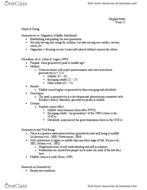 PSYC 3684 Lecture Notes - Lecture 15: Midlife Crisis, Emerging Adulthood And Early Adulthood, Life Review thumbnail