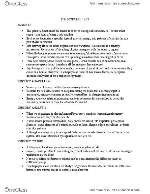 PSYC 1F90 Chapter Notes - Chapter Modules 17-21: Sensory Analysis, Color Vision, Wavelength thumbnail