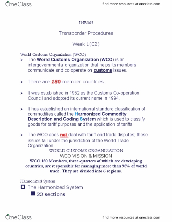 International Business INB365 Chapter Notes - Chapter 1: Harmonized System, World Customs Organization thumbnail