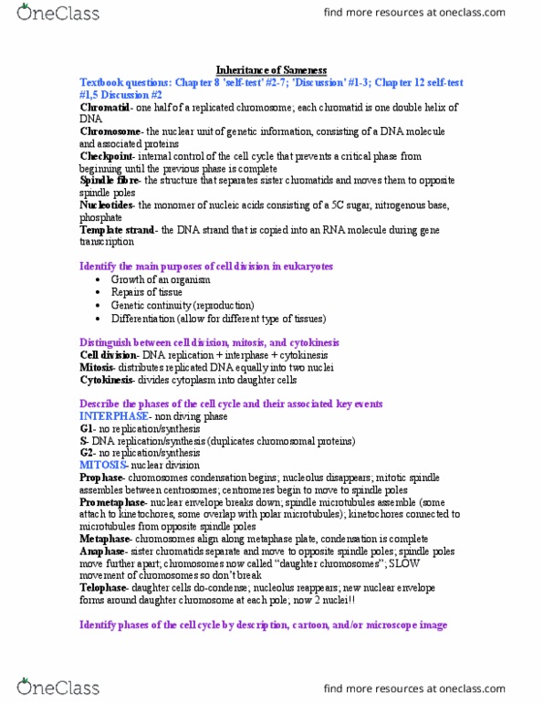 Biology 1201A Lecture Notes - Lecture 11: Sister Chromatids, Spindle Apparatus, Homologous Chromosome thumbnail