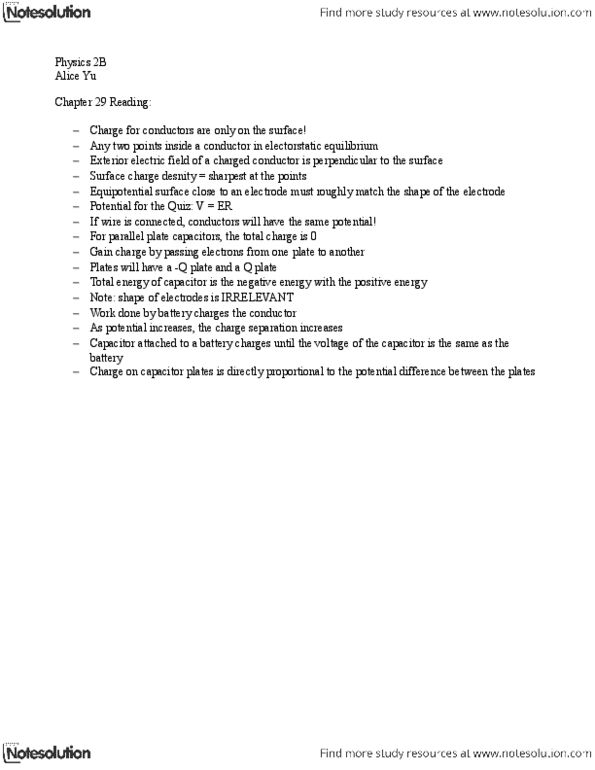 PHYS 2B Chapter Notes - Chapter 29: Equipotential, Surface Charge, Electric Field thumbnail