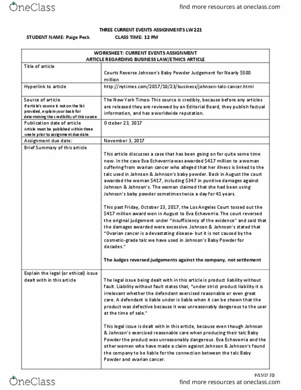 LW 221 Lecture Notes - Lecture 8: Baby Powder, Ovarian Cancer, Talc thumbnail