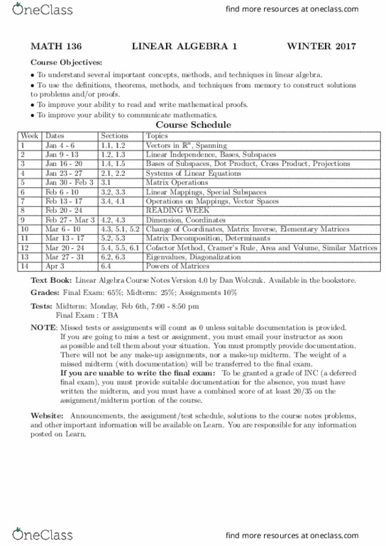 MAT136H1 Lecture Notes - Lecture 1: Linear Algebra, Matrix Multiplication, Dot Product thumbnail