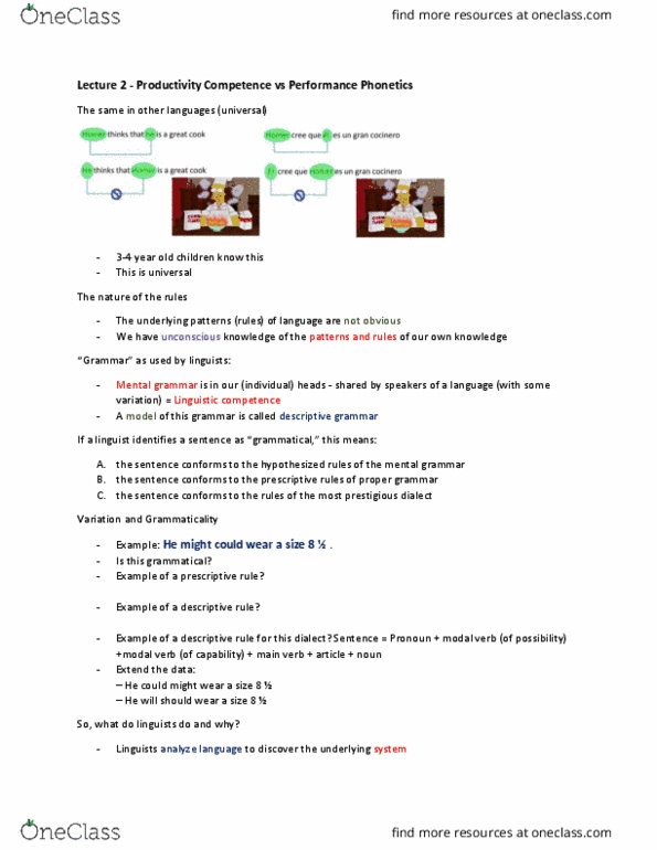LINA01H3 Lecture Notes - Lecture 2: Linguistic Competence, Grammaticality, Pronoun thumbnail