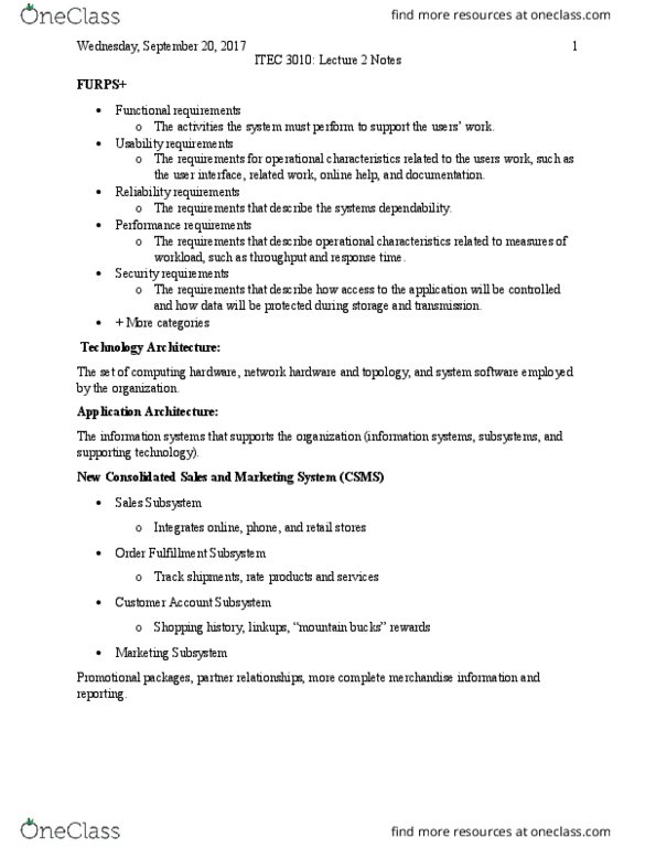 ITEC 3010 Lecture Notes - Lecture 2: Functional Requirement, Usability thumbnail