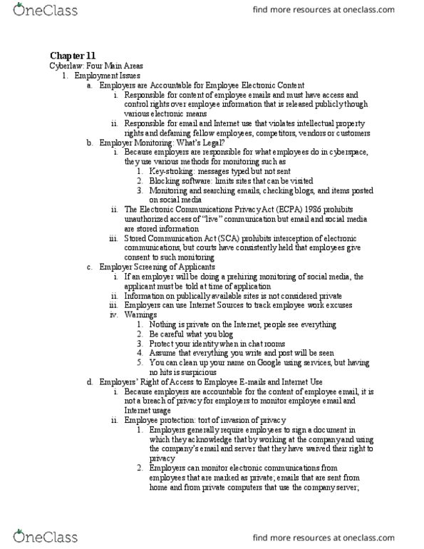 BSLW1021 Chapter Notes - Chapter 11: Electronic Communications Privacy Act, Legal Aspects Of Computing, Internet Tax Freedom Act thumbnail
