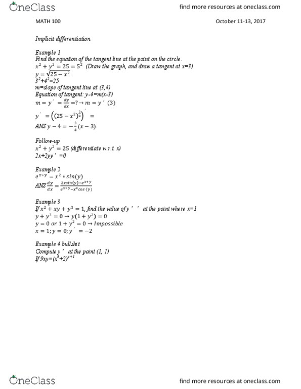 MATH 100 Lecture Notes - Lecture 6: Implicit Function, Webwork thumbnail