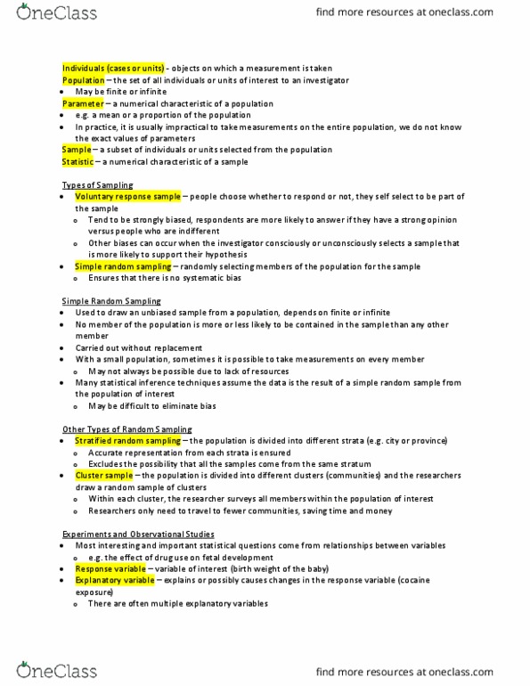 STAT211 Chapter Notes - Chapter 2: Simple Random Sample, Dependent And Independent Variables, Observational Study thumbnail