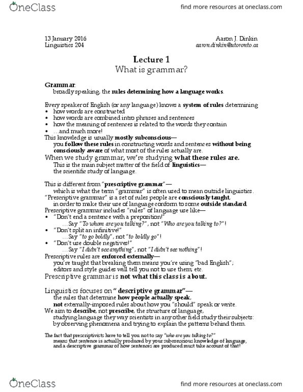 LIN204H1 Lecture Notes - Lecture 1: Linguistic Prescription, Preposition And Postposition, Infinitive thumbnail