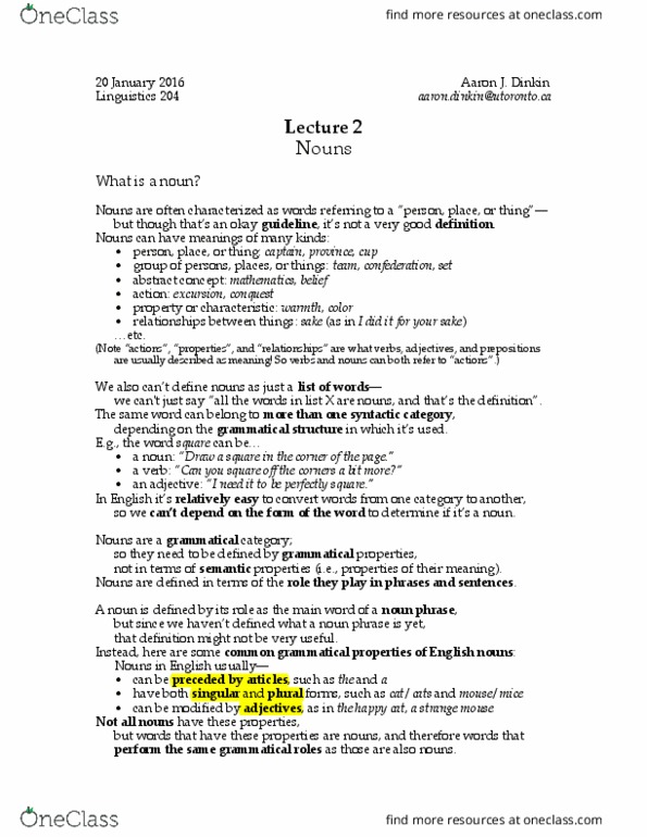 LIN204H1 Lecture Notes - Lecture 2: Syntactic Category, Function Word, Noun thumbnail