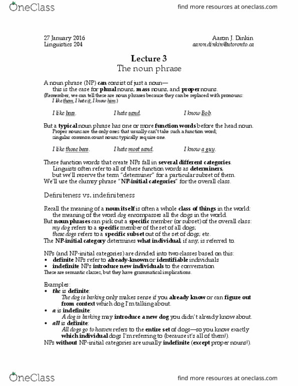 LIN204H1 Lecture Notes - Lecture 3: Count Noun, Function Word, Adjective Phrase thumbnail