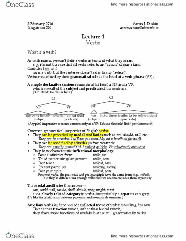 LIN204H1 Lecture Notes - Lecture 4: Inflection, English Verbs, Dynamic Verb thumbnail