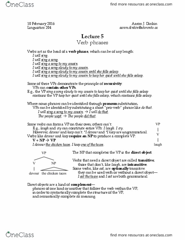 LIN204H1 Lecture Notes - Lecture 5: Proverb, Infinitive, The Sequence thumbnail