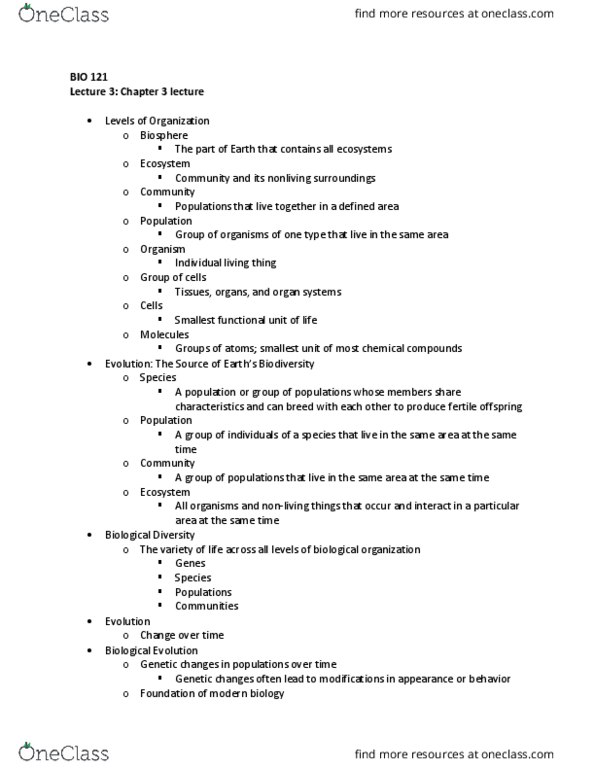 BIO 121 Lecture Notes - Lecture 3: Organism, Speciation, Natural Selection thumbnail