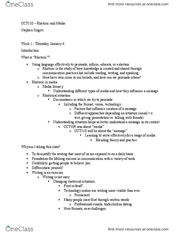 CCT110H5 Lecture Notes - Lecture 1: Rhetorical Situation, Media Literacy thumbnail